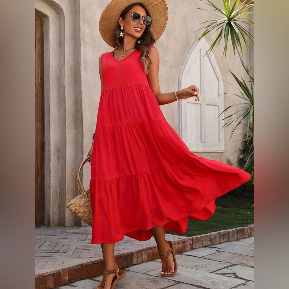 Passion of Essence Vibrant Red Sleeveless Maxi Dress